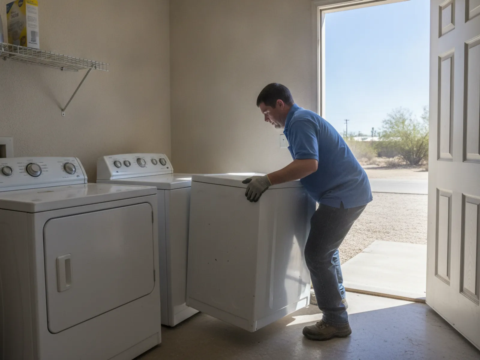 Worker carrying an old washing machine out of an El Paso, TX laundry room